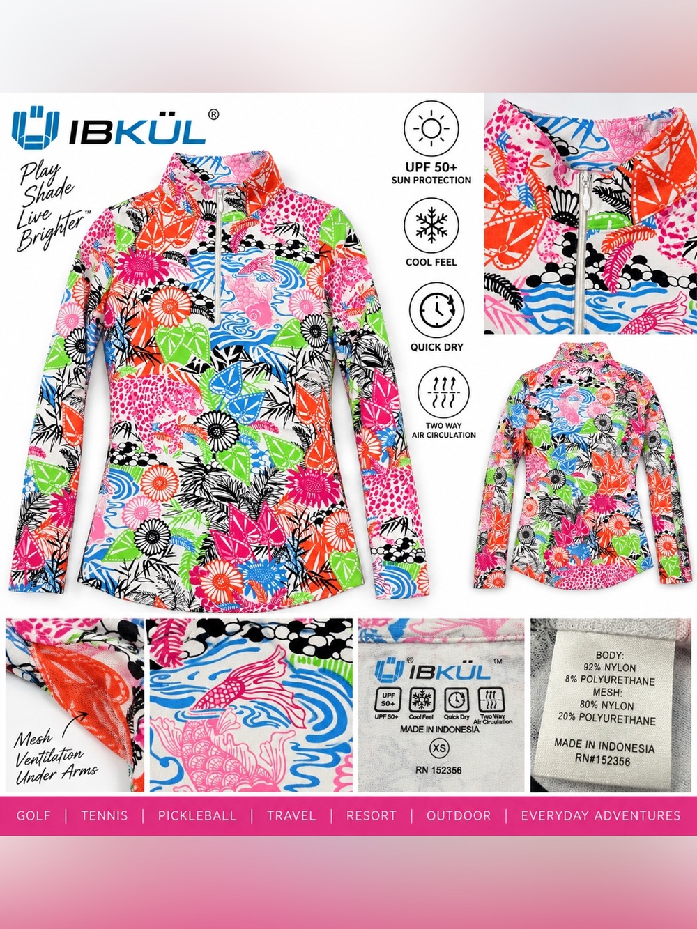 IBKUL XS Colorful Leopard Koi Floral UPF 50 Quarter Zip Golf Top